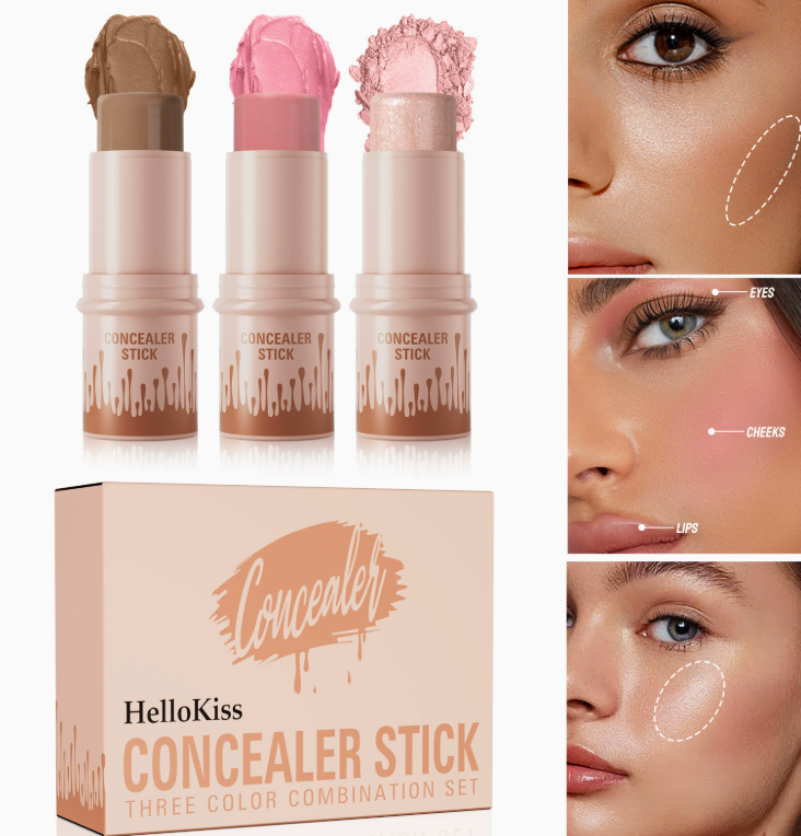 HelloKiss 3-in-1 Contouring Stick Set - All-in-One Highlight, Contour & Blush for a Sculpted Face