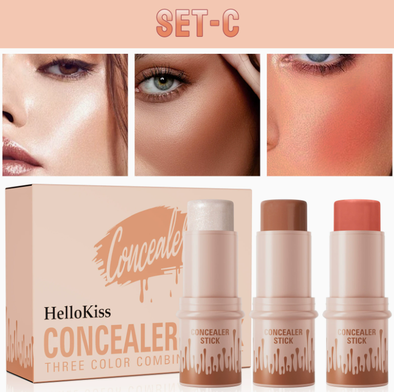 HelloKiss 3-in-1 Contouring Stick Set - All-in-One Highlight, Contour & Blush for a Sculpted Face