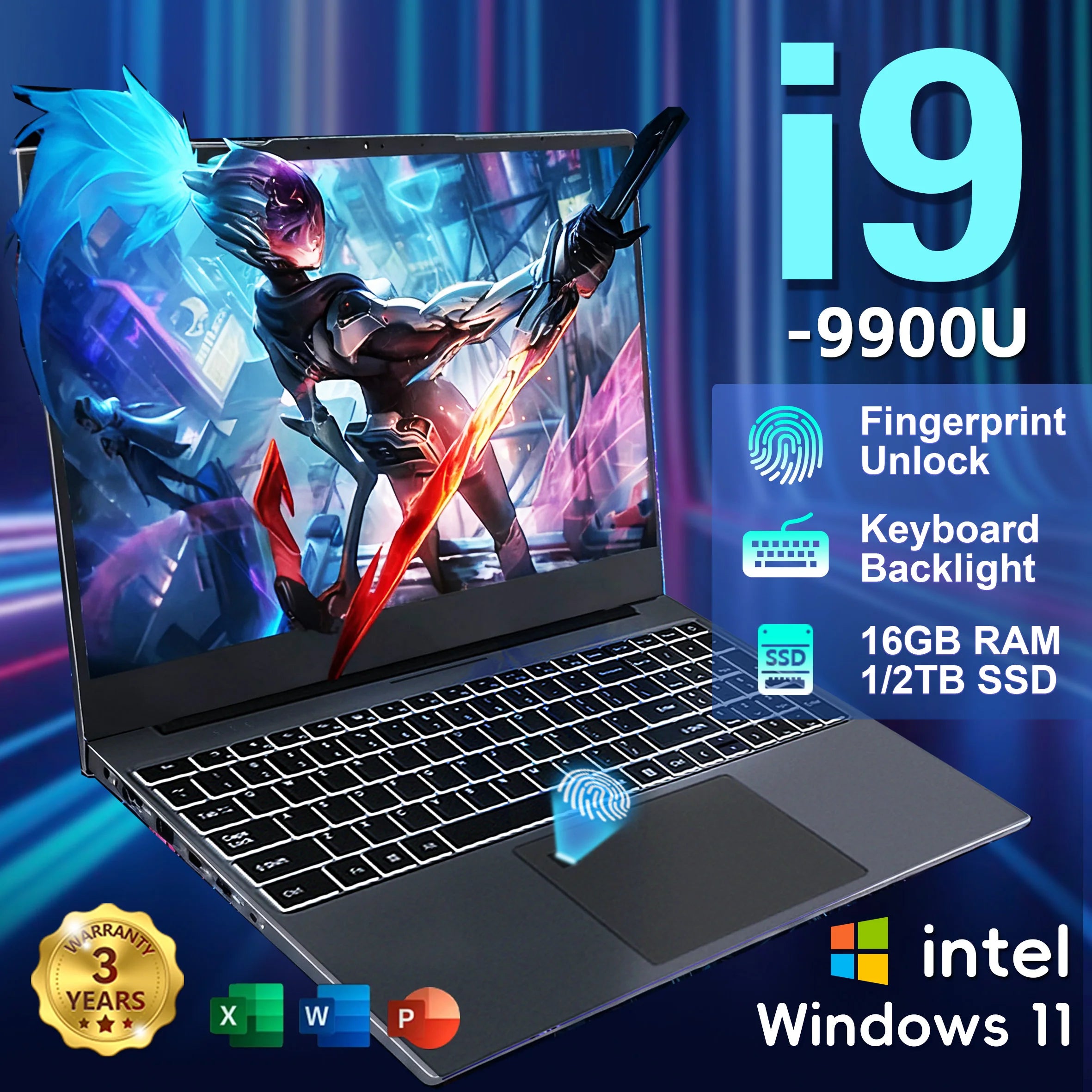 New Windows 11 15.6" Ultra Slim Portable Laptop intel Core i9-9900U 16GB RAM 1TB 2TB SSD Fingerprint Office Gaming Laptop PC