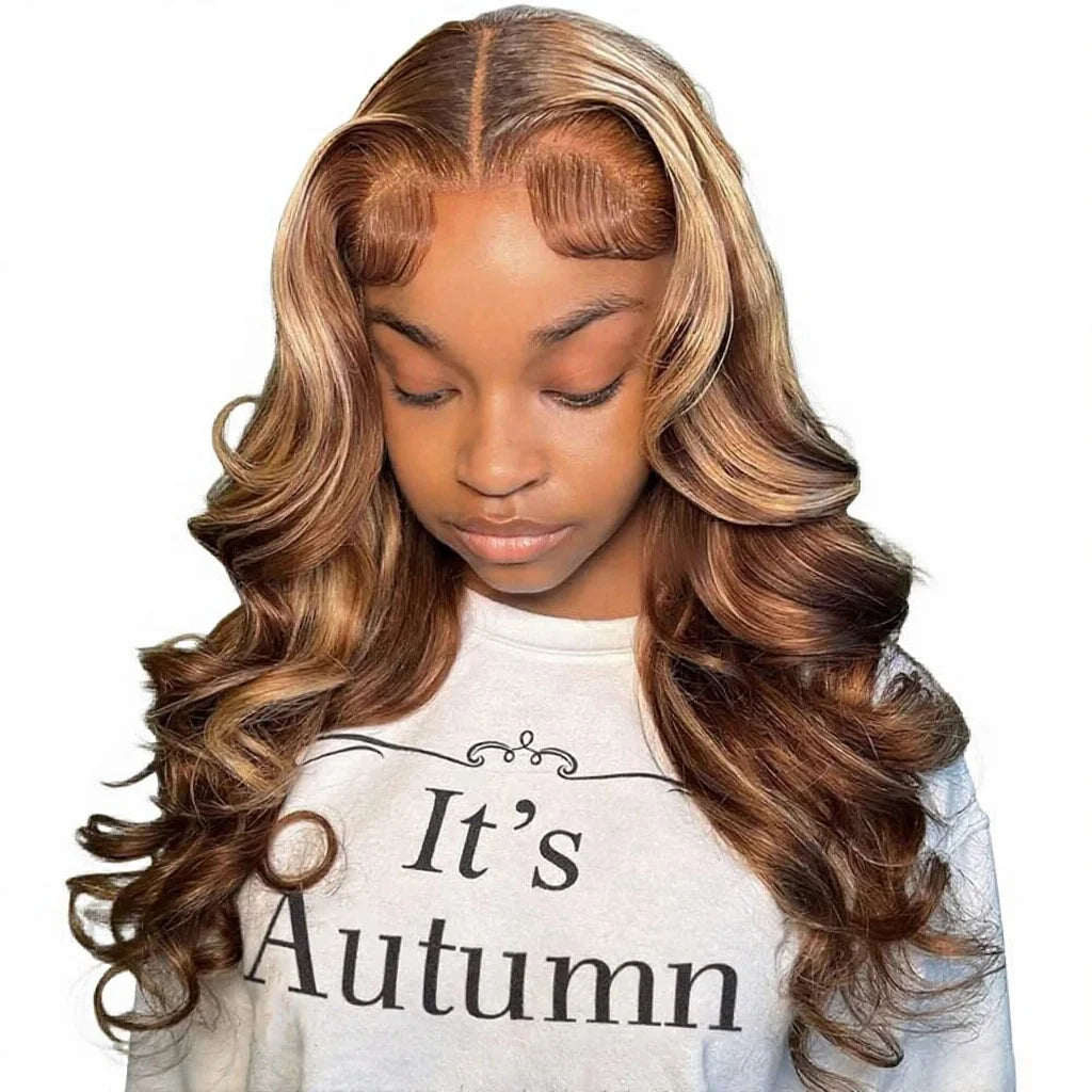 Honey Blonde HD Lace Front Wigs Human Hair Pre Plucked Natural Hairline 180 Density 4/27 Highlights Glueless 16 Inch