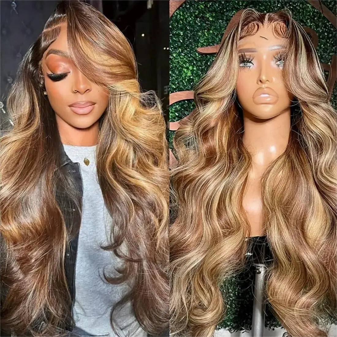Highlight Women's Long 4/27 Ombre Honey Blonde 13x4 HD Transparent Pre-Plucked Colored Glueless Body Wave Frontal Wigs