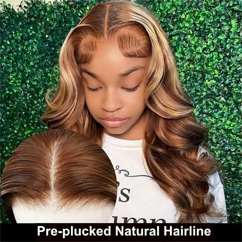 Highlight Women's Long 4/27 Ombre Honey Blonde 13x4 HD Transparent Pre-Plucked Colored Glueless Body Wave Frontal Wigs