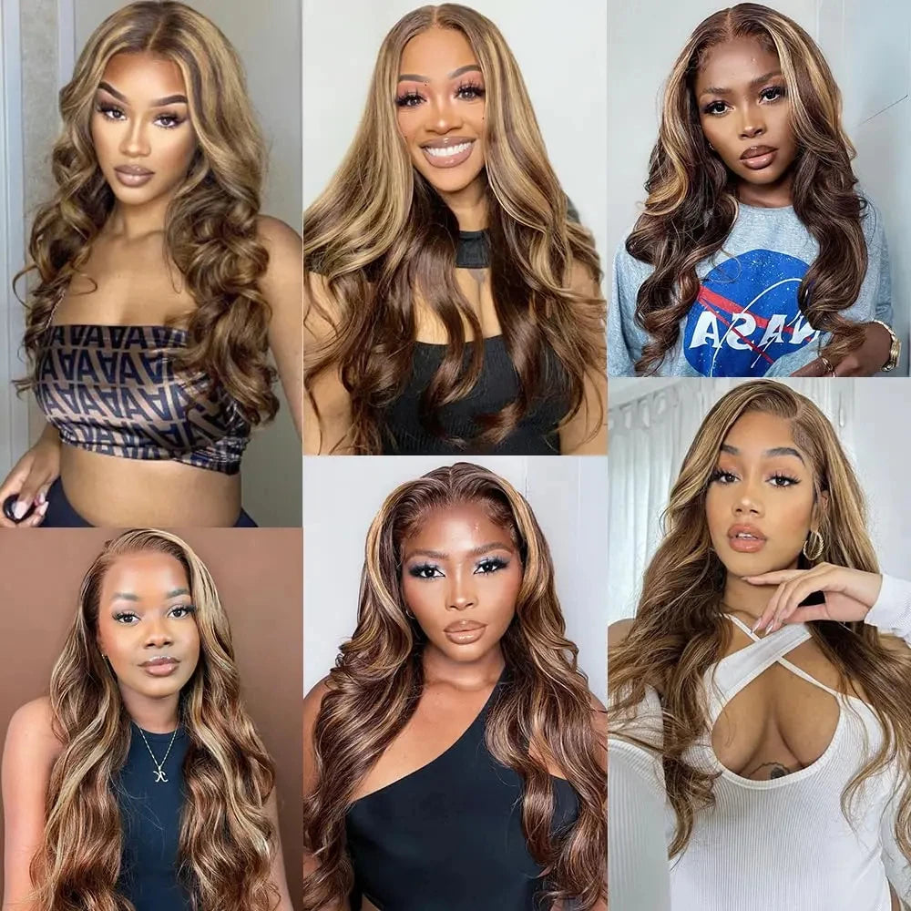Highlight Ombre 13x4 Lace Front Wig Human Hair Body Wave Honey Blonde Lace Frontal Wigs for Women 4/27 Brown Hair Pre Plucked