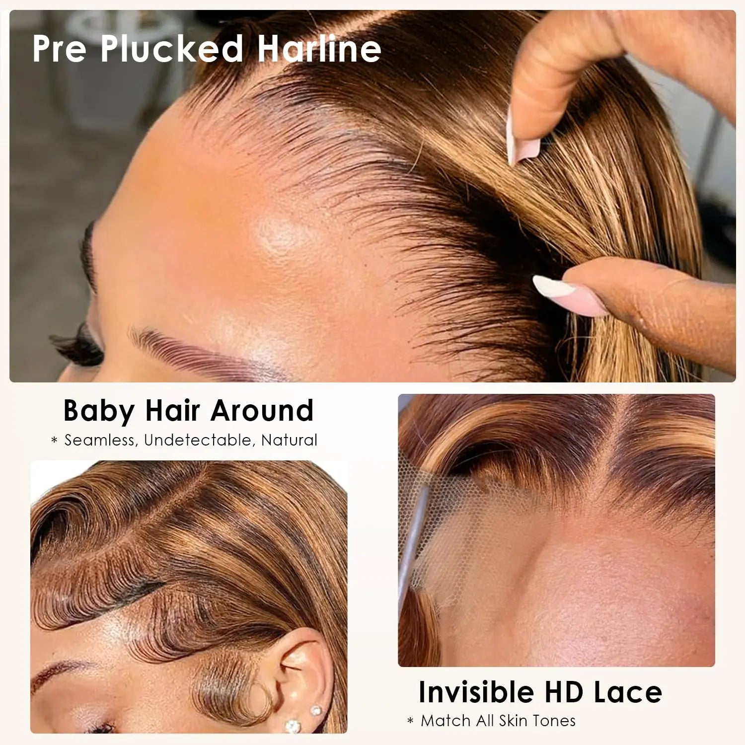 Honey Blonde HD Lace Front Wigs Human Hair Pre Plucked Natural Hairline 180 Density 4/27 Highlights Glueless 16 Inch