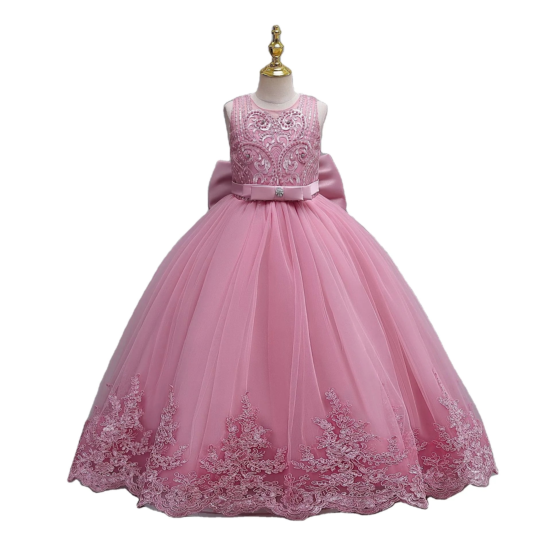 2024 New Girls' Wedding Dress Flower Banquet  Long Dress Girls' Graduation Communion Performance Party Dress with Big Bow