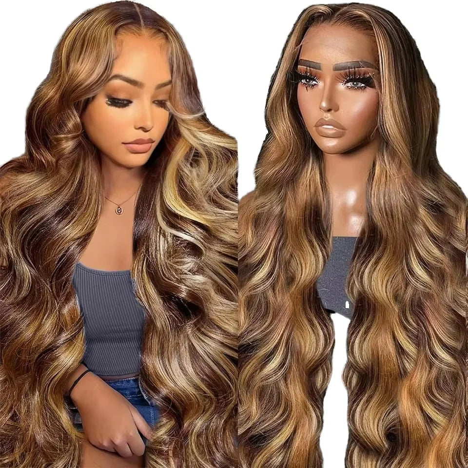Highlight Women's Long 4/27 Ombre Honey Blonde 13x4 HD Transparent Pre-Plucked Colored Glueless Body Wave Frontal Wigs