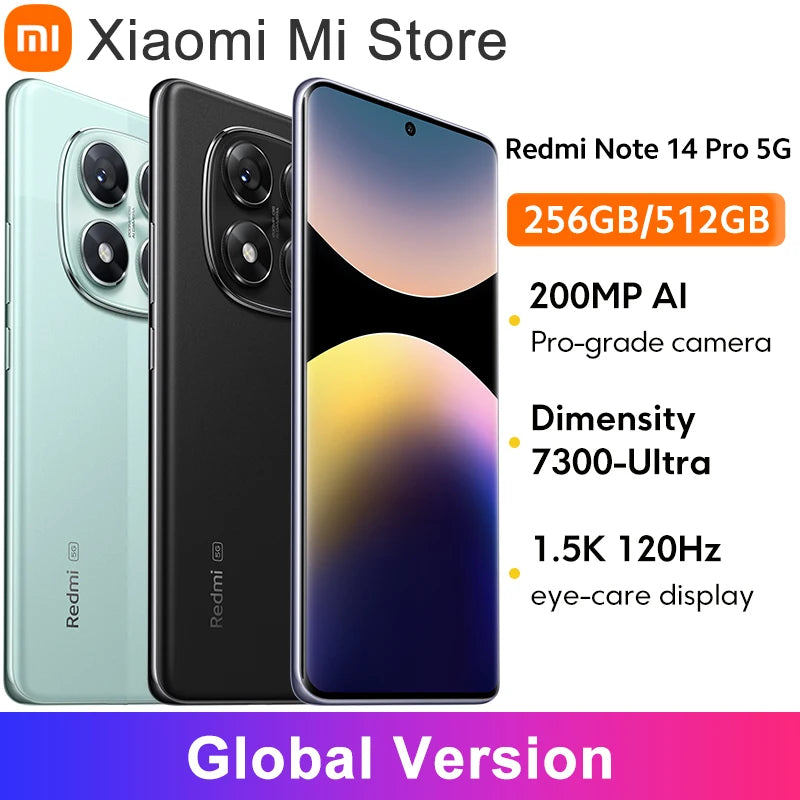 Global Version Xiaomi Redmi Note 14 Pro 5G Smartphone MediaTek Dimensity 7300-Ultra 200MP AI camera NFC 6.67"AMOLED display IP68