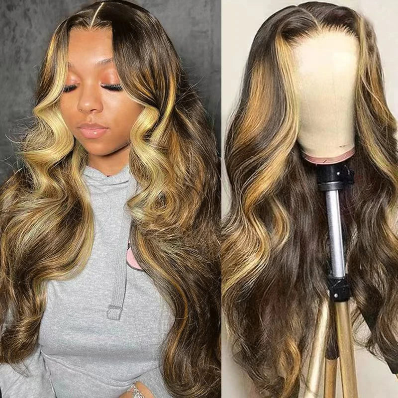34 36 Inch 4/27 Body Wave Wig Human Hair 13x6 Lace Frontal Wig Ombre Blonde Highlight Brazilian Hair Front Wigs For Women