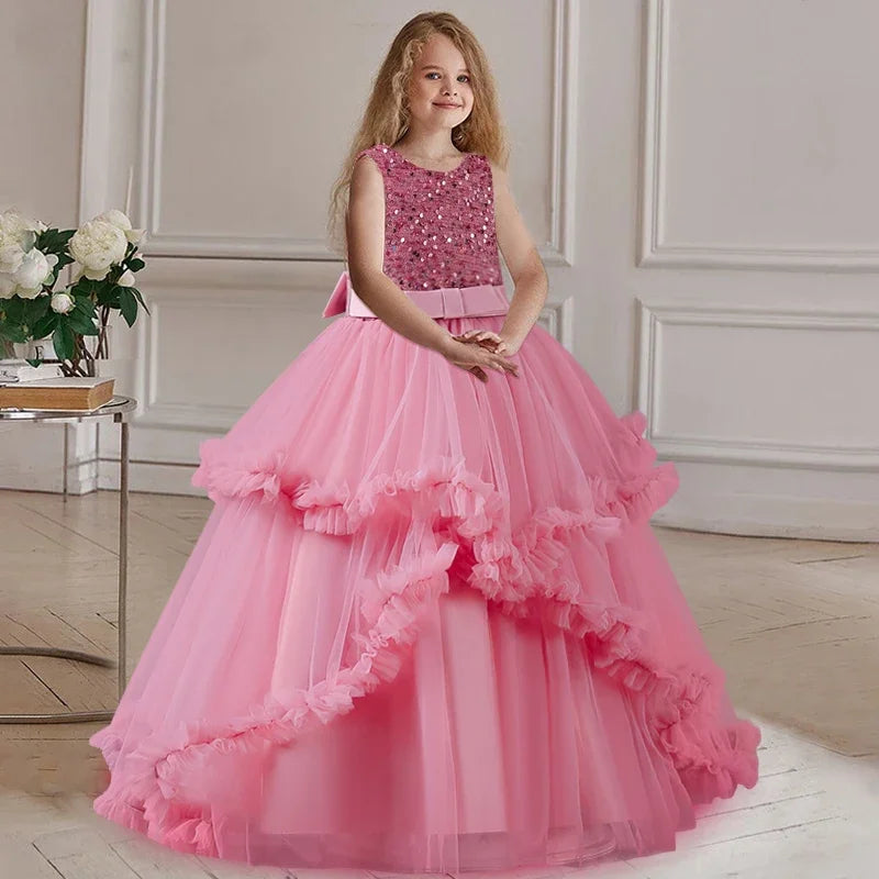 Girls' embroidered princess dress 4-12 years old lace sleeveless mesh cake dress high-end performance dress for banquet hosts