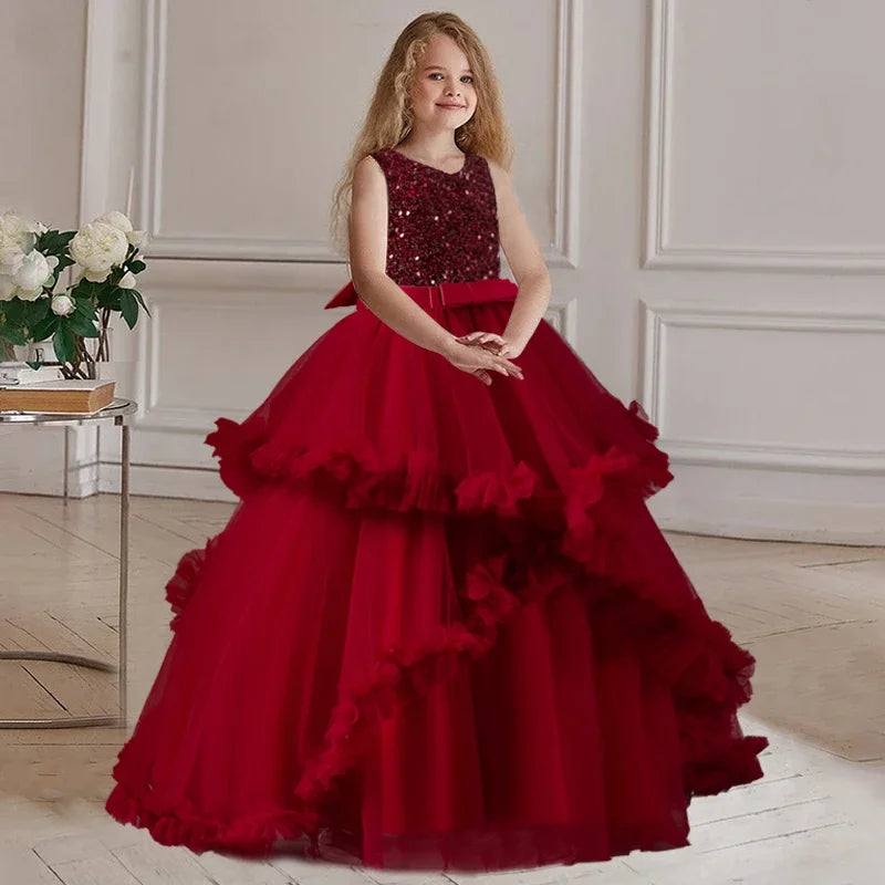 Girls' embroidered princess dress 4-12 years old lace sleeveless mesh cake dress high-end performance dress for banquet hosts