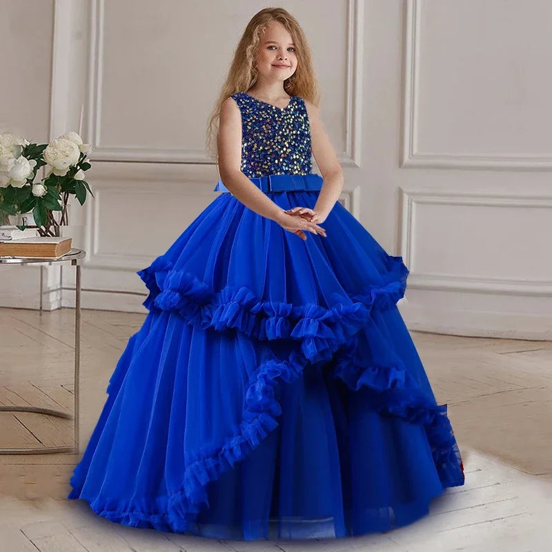 Girls' embroidered princess dress 4-12 years old lace sleeveless mesh cake dress high-end performance dress for banquet hosts