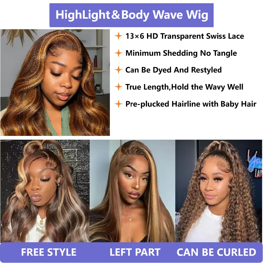 3B 3C Highlight Body Wave Wigs Frontal Human Hair Wigs 200% Density Wigs