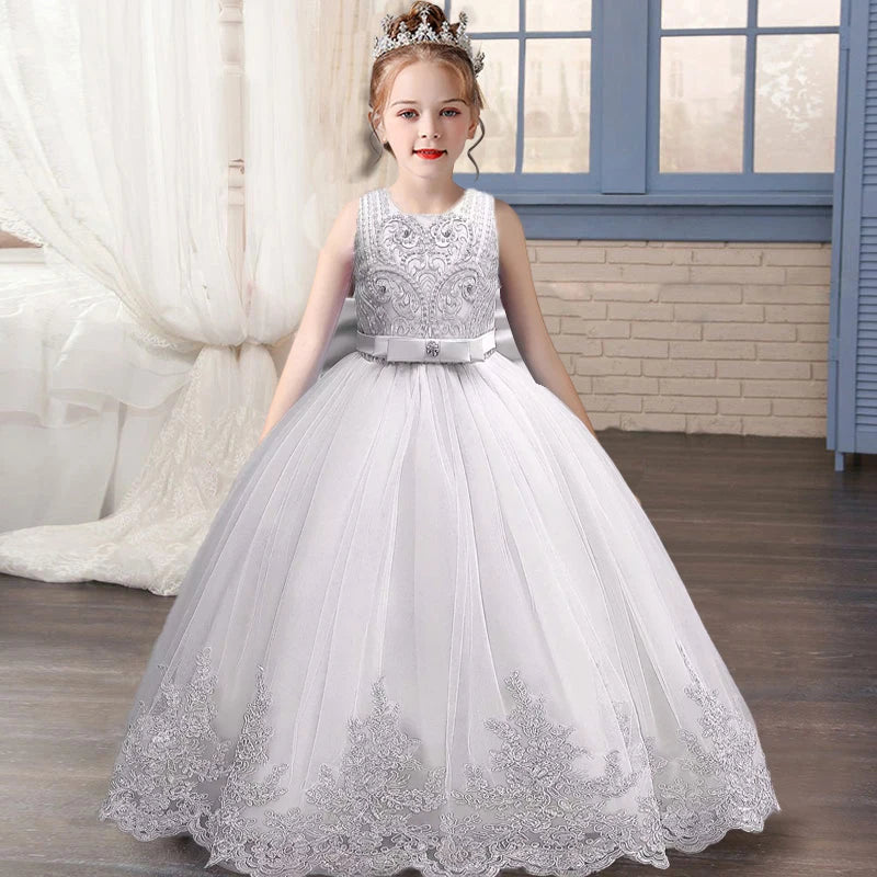 3-12 year old children's dress embroidered bow lace lace wedding dress girl princess dress girl birthday party evening dress