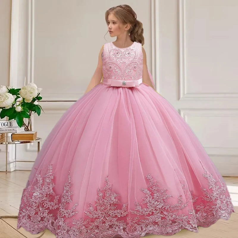 children's dress 3-12 year old embroidered bow wedding dress girl princess dress girl birthday party evening Back Dew Bride dres