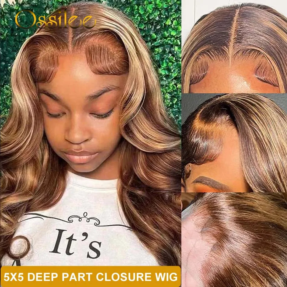 Ossilee Highlight Wig Human Hair Body Wave Glueless Wig 5x5 HD Lace Closure Wig Piano Color 4/27 Ombre Blonde Brown Closure Wig