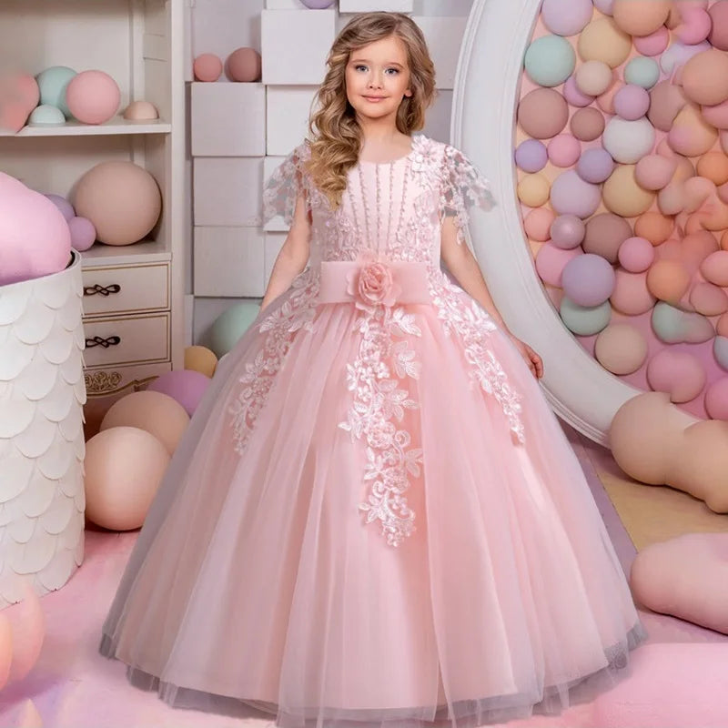 Girls' embroidered princess dress 4-12 years old lace sleeveless mesh cake dress high-end performance dress for banquet hosts
