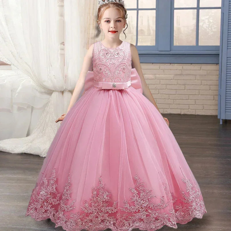 Embroidered Mesh Wedding Dress Flower Girl Performance Girl's Dress 4-12 Year Old Girl's Big Bow Princess Dress
