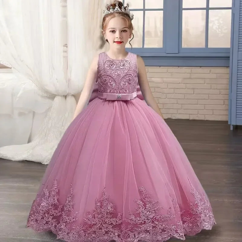 Embroidered Mesh Wedding Dress Flower Girl Performance Girl's Dress 4-12 Year Old Girl's Big Bow Princess Dress