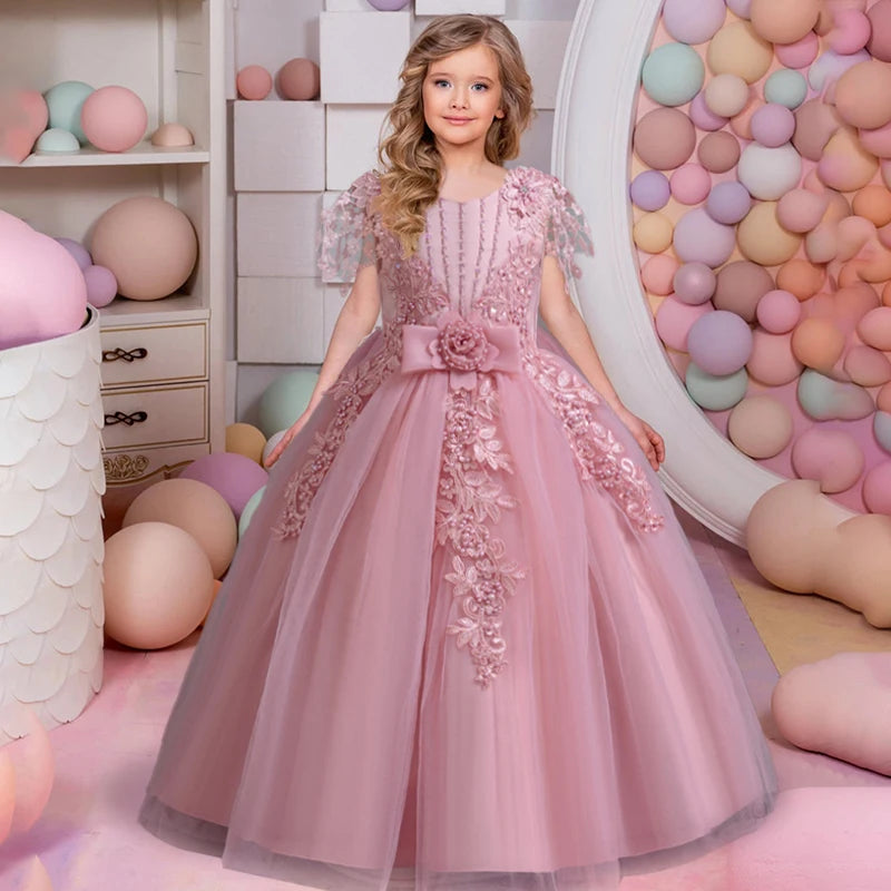 Girls' embroidered princess dress 4-12 years old lace sleeveless mesh cake dress high-end performance dress for banquet hosts