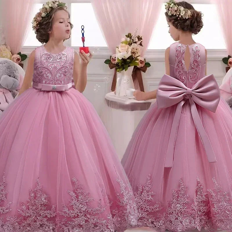 Embroidered Mesh Wedding Dress Flower Girl Performance Girl's Dress 4-12 Year Old Girl's Big Bow Princess Dress