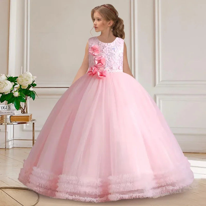 Girls' embroidered princess dress 4-12 years old lace sleeveless mesh cake dress high-end performance dress for banquet hosts