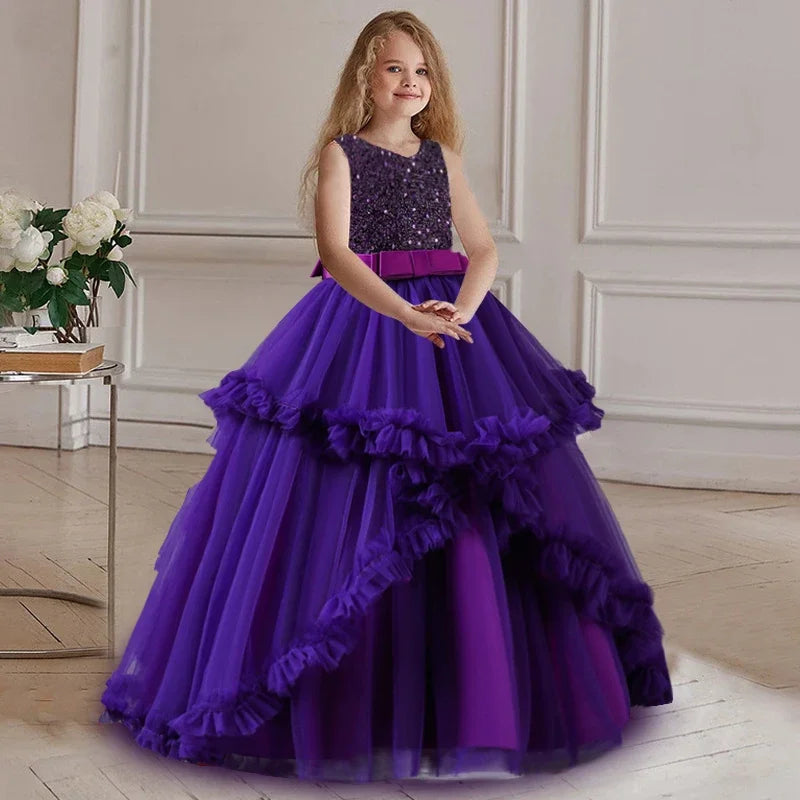 Girls' embroidered princess dress 4-12 years old lace sleeveless mesh cake dress high-end performance dress for banquet hosts