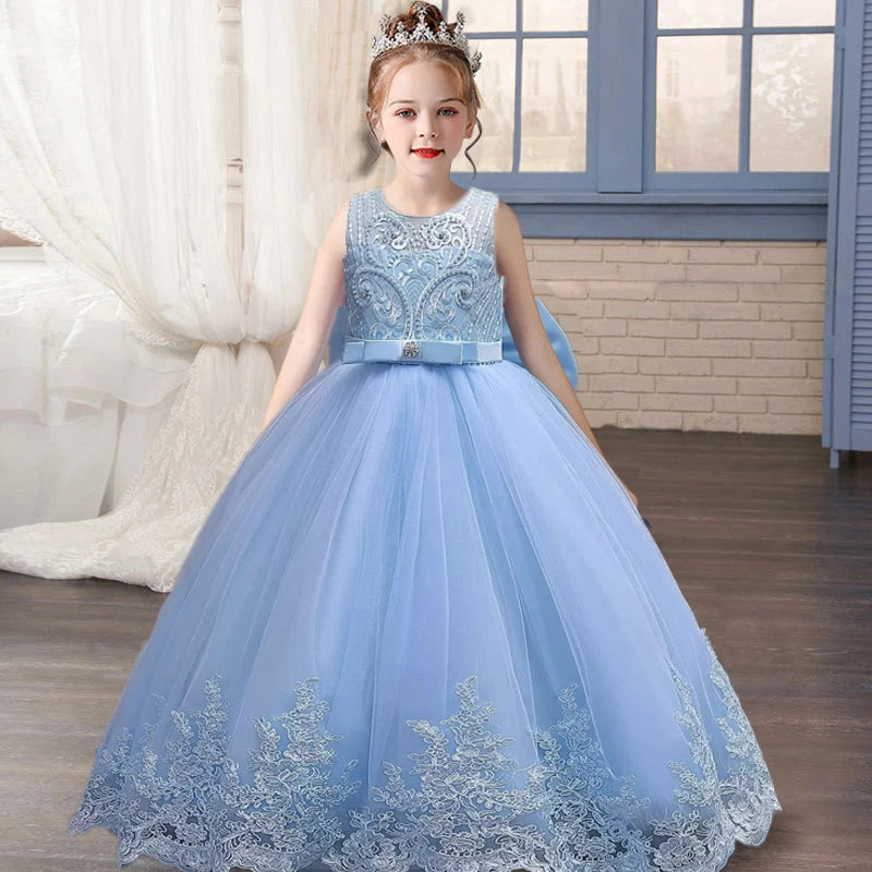 3-12 year old children's dress embroidered bow lace lace wedding dress girl princess dress girl birthday party evening dress