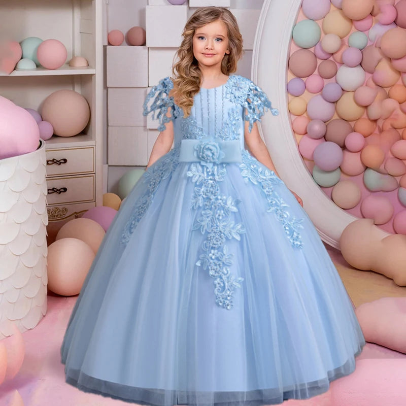 Girls' embroidered princess dress 4-12 years old lace sleeveless mesh cake dress high-end performance dress for banquet hosts