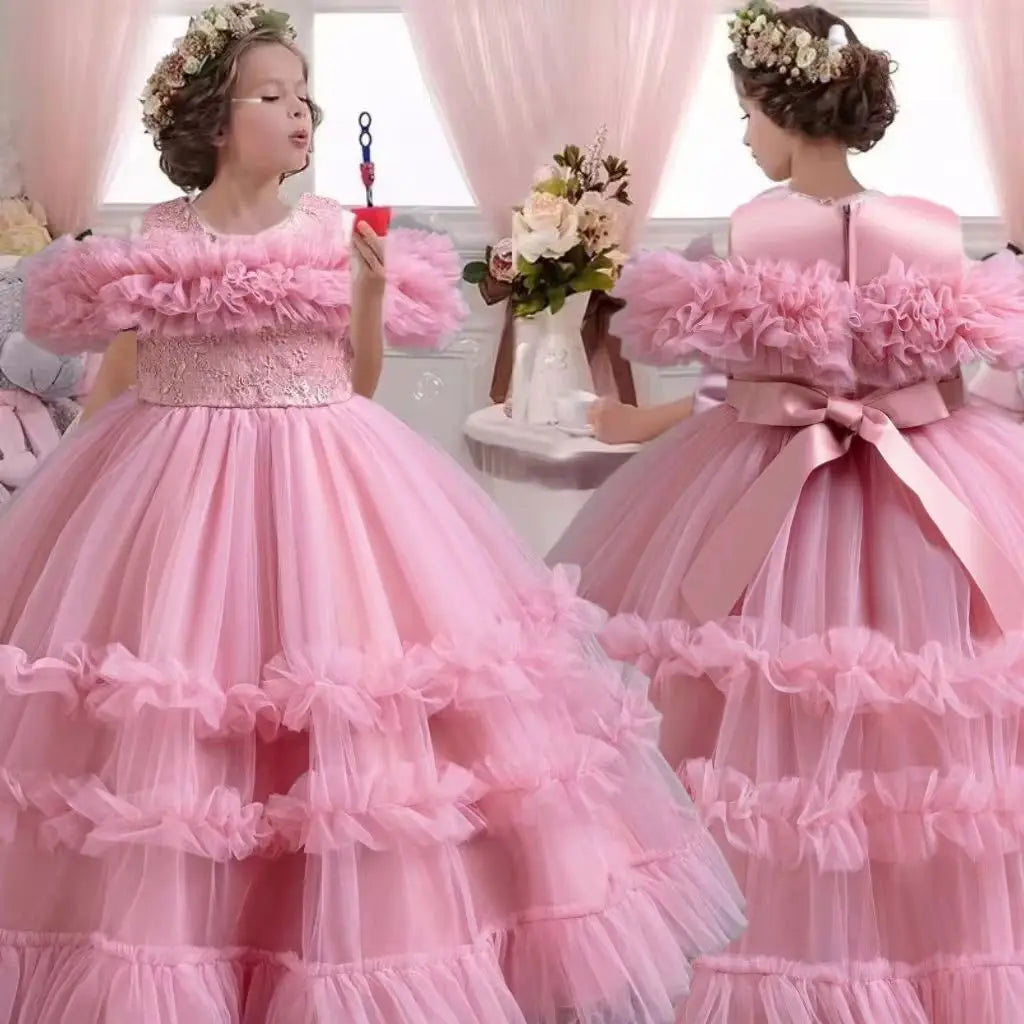 2024 New 4-12 Year Old Robe Princess Dress Flower Girl Wedding Dress Fashionable Party Dress Lace Mesh Elegant Girls' Clothing