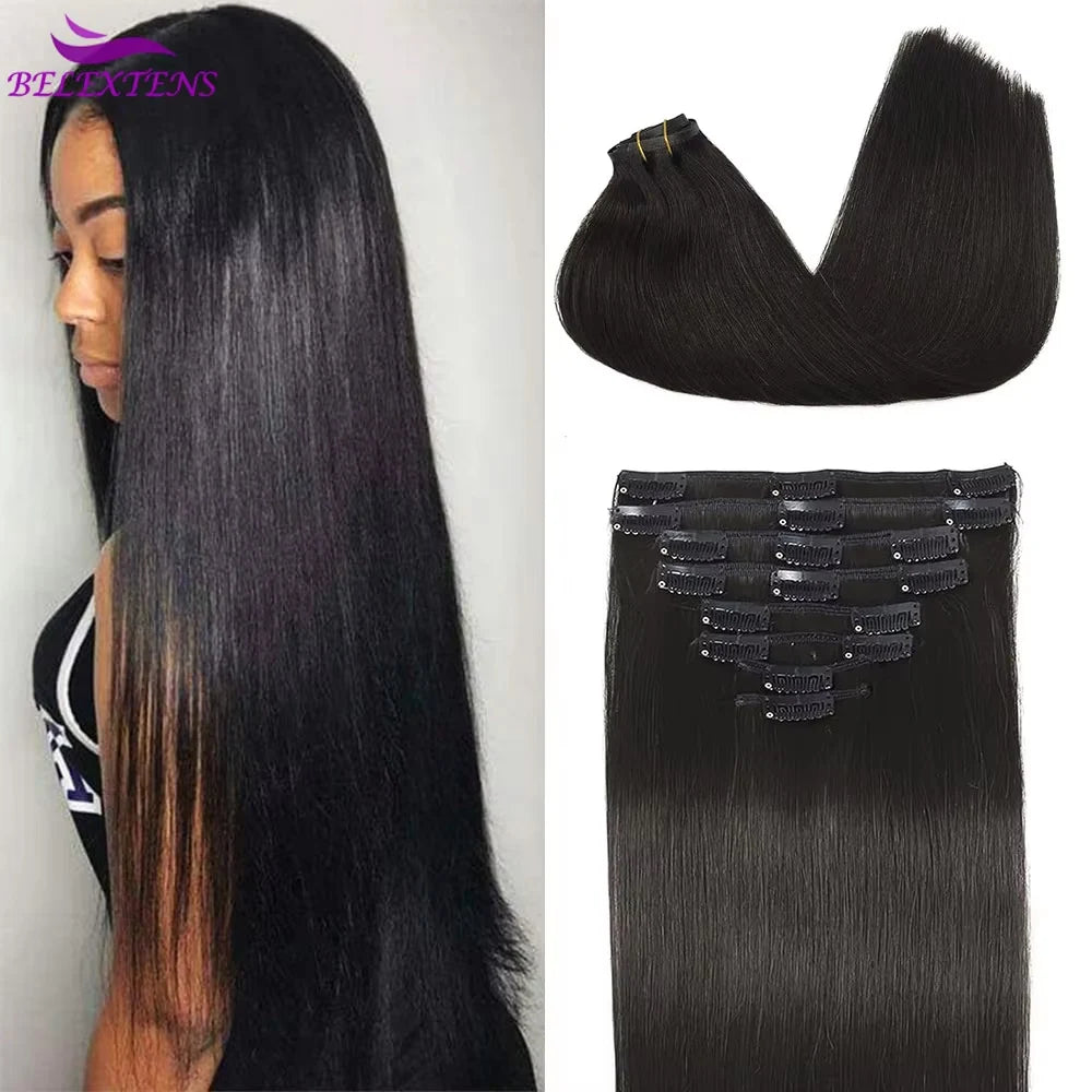Extensions Clip-in Cheveux Humains – 8 pcs, 120g, 10-30 po